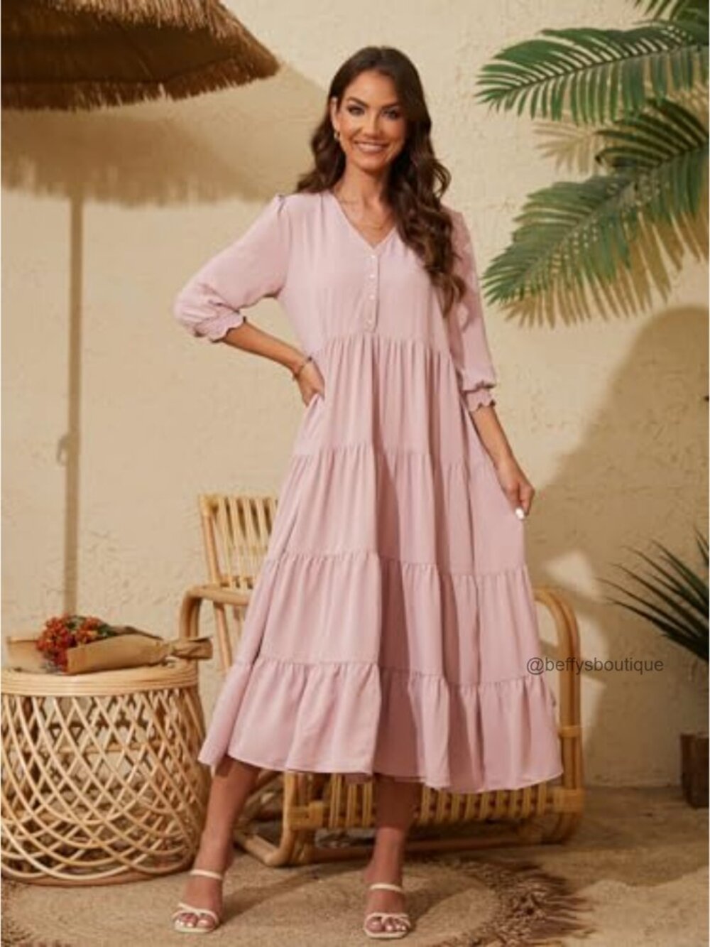 V Neck Boho Dress Puff Sleeve High Waist Floral Smocked Flowy Ruffle Midi - Picture 5 of 6
